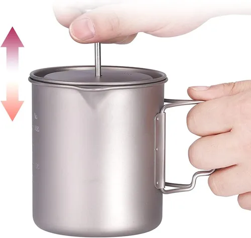Miniatura 4 de LIXADA Cafetera de prensa francesa de titanio, 25.4 fl oz, resistente a la corrosión, mango plegable, olla de cocina para acampar al aire libre