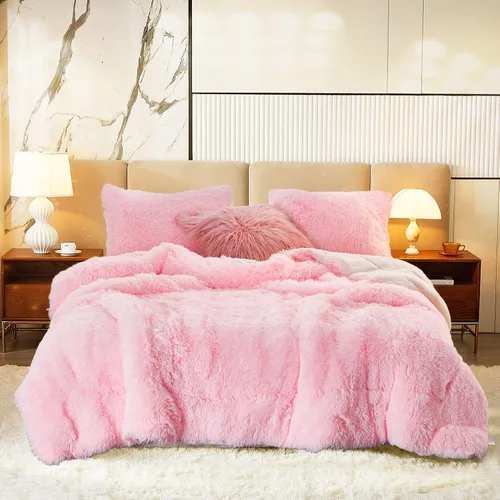 Miniatura 9 de Juego de edredón de lujo de pelo sintético lanudo tamaño matrimonial/queen, edredón reversible de felpa y sherpa, color beige, juego de ropa de cama