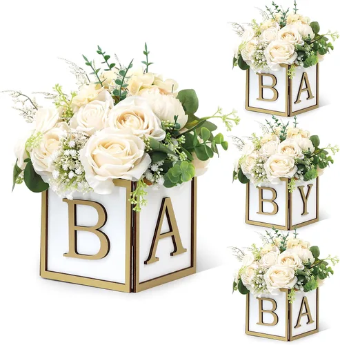 Miniatura 15 de Juego de 4 centros de mesa de baby shower para mesas, cajas de madera de 6 pulgadas con letras de bebé, cubos rústicos, bloques de madera para Rosa