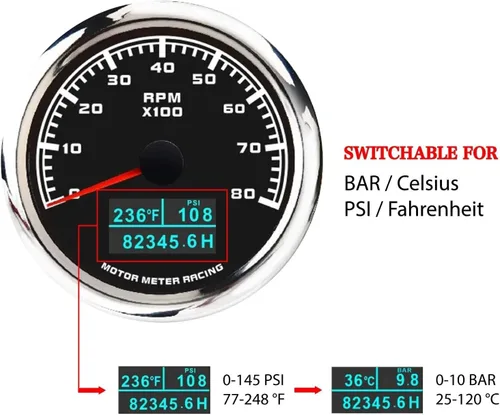Miniatura 3 de Motor Meter Racing W Pro Series 85mm 3-3/8" 4 en 1 Tacómetro 8000 RPM Temperatura de Agua °C/°F Presión de Aceite BAR/PSI Medidor de Horas Dial Negro