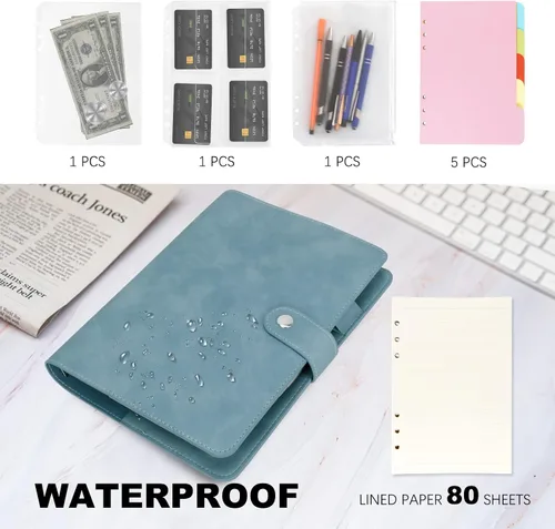 Miniatura 4 de FYY - Cuaderno de 6 anillos de piel sintética con bolsillos, divisores y papel de recarga, agenda de tamaño A5, color azul