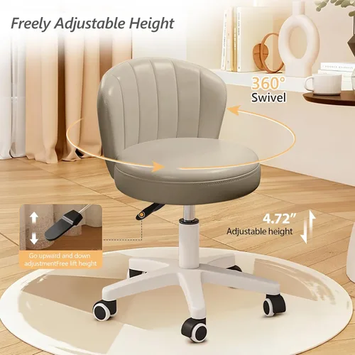 Miniatura 6 de Silla de escritorio pequeña festoneada con respaldo, bonita silla de tocador enrollable sin brazos con piel sintética, cómodas sillas de oficina Gris