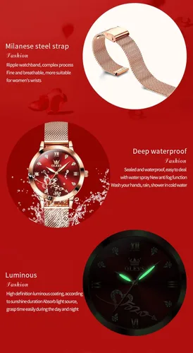 Miniatura 5 de OLEVS Reloj de pulsera de cuarzo analógico con diamantes de oro rosa para mujer, vestido de lujo, acero inoxidable, luminoso, impermeable, fecha