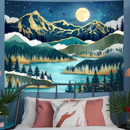 Miniatura 4 de Neasow Tapiz de luna de montaña, bosque natural, árbol, lago, paisaje, estrellas, noche estrellada, decoración de pared azul azulado para el hogar