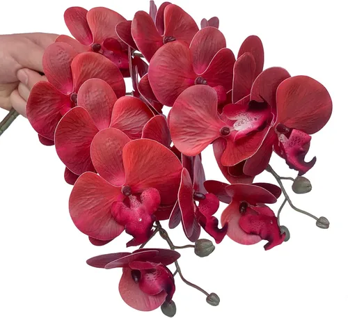 Miniatura 4 de FagusHome Phalaenopsis - 6 piezas de flores artificiales de orquídea con 4 paquetes de hojas, plantas con tallo para decoración del hogar (rojo)