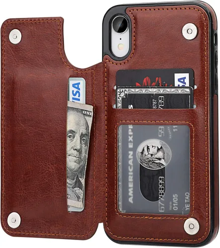 ONETOP OT - Funda tipo cartera para iPhone XR con tarjetero, piel sintética de alta calidad, ranuras para tarjetas, doble cierre magnético y funda