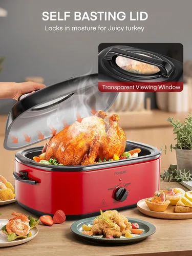 Miniatura 7 de FOHERE Horno asador eléctrico de 26 cuartos de galón con tapa visible y autofundante, tostador grande de pavo con función de descongelación y calor