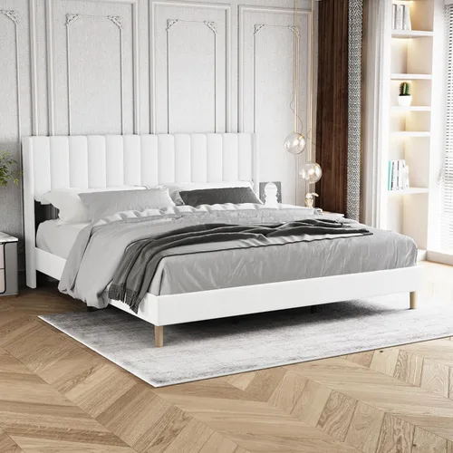Miniatura 25 de Marco de Cama Tapizada de Plataforma Tamaño Full con Cabecero, Soporte de Listones de Madera Resistentes, No Necesita Somier, Montaje Fácil, Beige