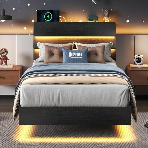Miniatura 8 de Feonase Base de cama flotante individual con luces LED y estación de carga, marco de cama de madera tamaño individual con cabecera