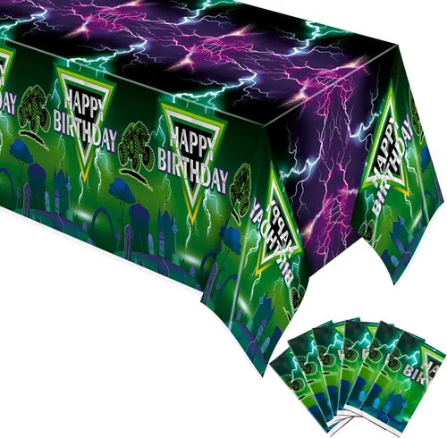 Miniatura 7 de Manteles de camión monstruo verde y morado – Funda rectangular desechable para baby shower, fiesta de cumpleaños de niños, decoración de mesa