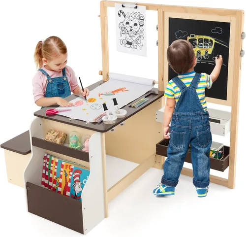 Costzon Caballete para niños, centro de arte de madera con pizarra de doble cara y pizarra blanca, rollo de papel para dibujo, manualidades,