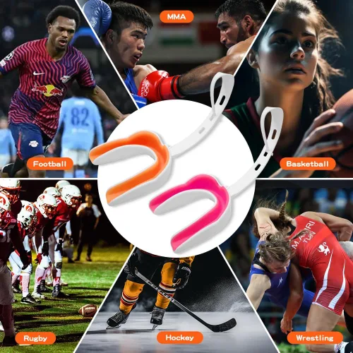 Miniatura 4 de Paquete de 2 protectores bucales de fútbol juvenil con correa y funda, protectores bucales deportivos para adultos, para fútbol, boxeo, baloncesto