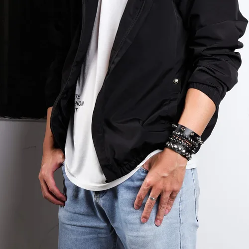 Miniatura 2 de Eigso 3 pulseras punk de cuero para hombres y mujeres de Rock Rivet Wrap Retro Spike pulsera ajustable