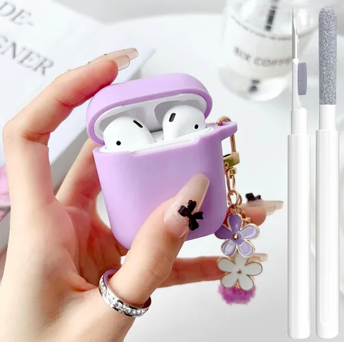 Miniatura 45 de Bonita funda negra para Airpods de 2ª/1ª generación para niñas y mujeres, con llavero de pompón de flores y kit de limpieza, funda protectora tipo