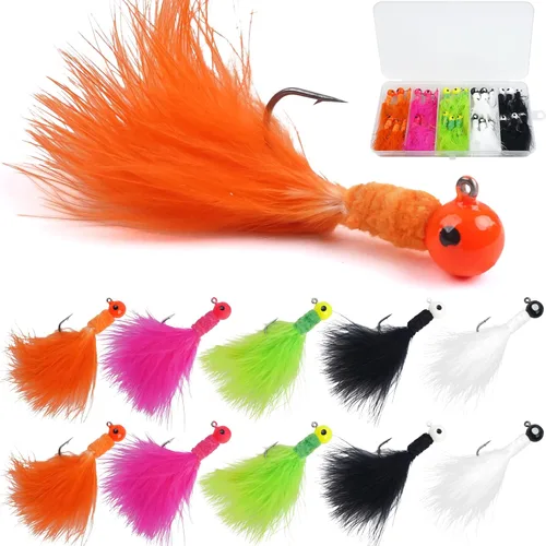 Crappie Jig - Señuelos de pesca, 30 piezas de plumas de marabú, anzuelos de cabeza de calabú, plantilla de cola de cubo, teaser de pesca atados a