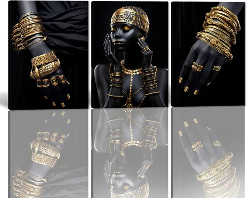 Miniatura 43 de MAMAGO Lienzo decorativo para pared, pintura de belleza dorada y negra, fotos de mujeres africanas, hermosos pósteres de mujer negra, impresiones