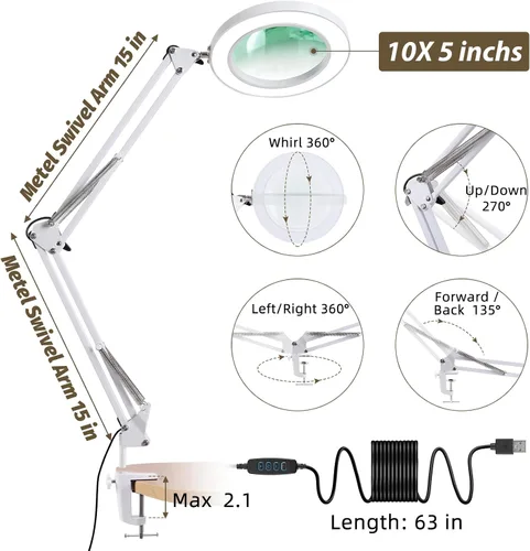 Miniatura 5 de LANCOSC Lupa de cristal real de grado óptico de 10 x 5 pulgadas con luz y soporte, lámpara de escritorio LED de 3 modos de color, regulable y sin