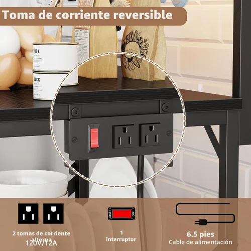 Miniatura 4 de Furologee Estante para hornear de cocina con toma de corriente, soporte para horno de microondas con almacenamiento de 4 niveles, mesa de café con 6
