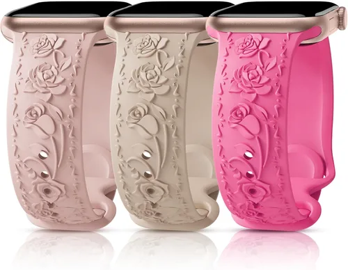 Miniatura 12 de 3 Packs Floral Engraved Bands Compatible with Apple Watch Band 40mm 41mm 38mm 42mm 44mm 45mm 49mm for Women, Silicone Cute Embossed Rose Apple Watch