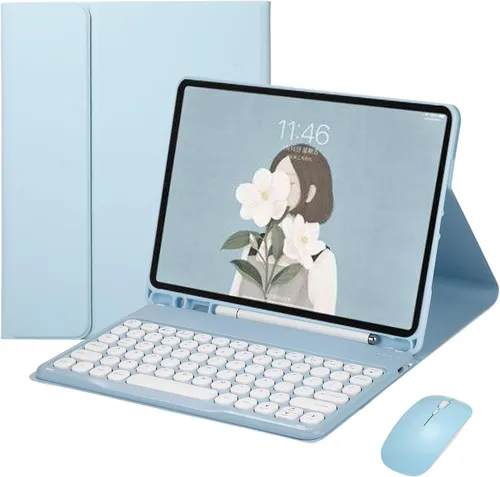 Miniatura 16 de Ratón de teclado para Galaxy Tab A8 10.5 pulgadas funda de teclado con mouse Bluetooth, linda llave redonda desmontable BT Color teclado cubierta