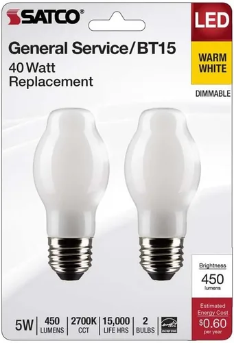 Miniatura 2 de Satco S21855 - Bombilla LED BT15 de 5 W, color blanco, base media, 2700 K, 450 lúmenes, 120 voltios