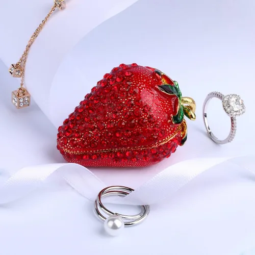 Miniatura 6 de YU FENG Caja de baratijas con bisagras para niñas, cajas de baratijas de fresa roja hechas a mano decoradas para mujeres (fresa roja)