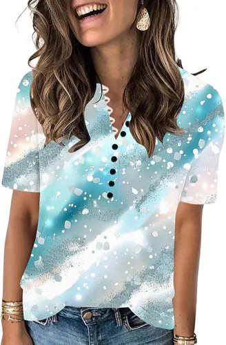 Miniatura 101 de Summer Shirts for Women 2025 Plus Size Short Sleeve Henley Tops Marble Floral Loose Tshirt Tee Casual Dressy Tunics