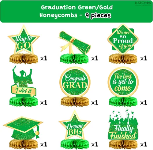 Miniatura 4 de Decoraciones de graduación 2026, centros de mesa de graduación verdes y dorados para mesas 2026 – Paquete de 9 Decoraciones de nido de abeja