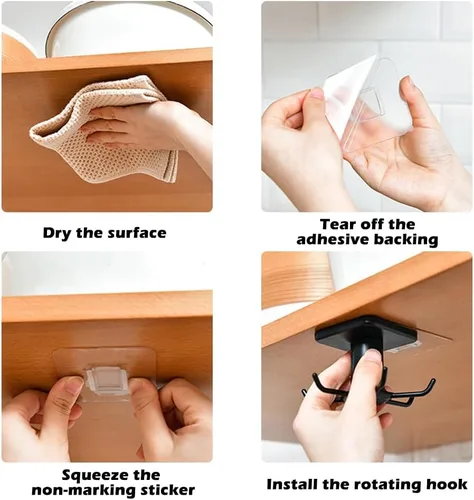Miniatura 4 de 4 ganchos para utensilios de cocina debajo del gabinete, rotación de 360°, adhesivo sin uñas, estante colgante para utensilios de cocina