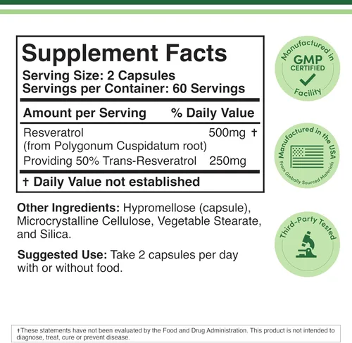 Miniatura 2 de Suplemento de resveratrol de 500 mg por porción, 120 cápsulas