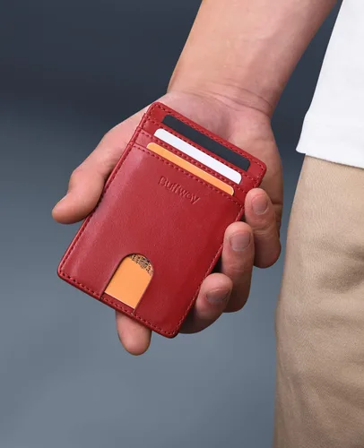 Miniatura 28 de Buffway Billetera delgada para hombre, minimalista con bolsillo frontal delgado, tarjetero de cuero con bloqueo RFID para viajes de trabajo
