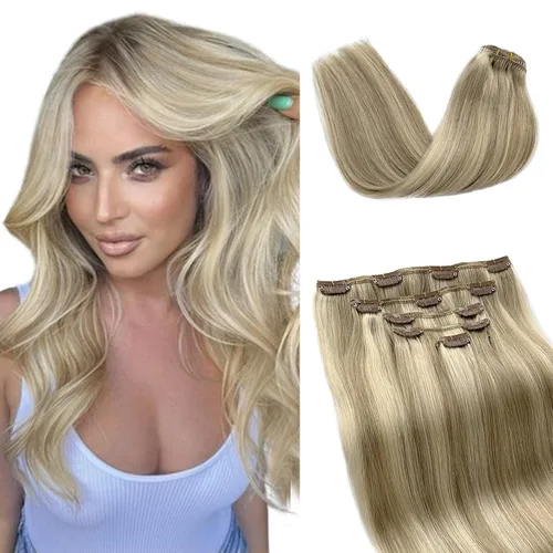 Miniatura 12 de Extensiones de cabello rubio ceniza con reflejos, extensiones de cabello humano real con clip, de 12 pulgadas, 2.47 onzas, doble trama, invisible
