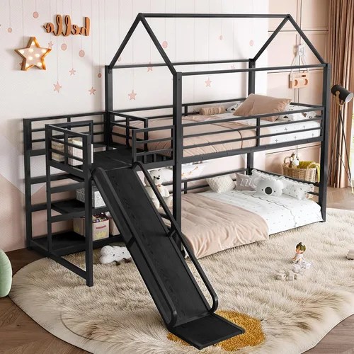 Bellemave Litera individual sobre cama individual con tobogán, litera de piso para niños con escaleras de almacenamiento y barandilla de longitud