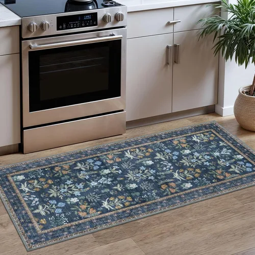 Miniatura 19 de Lansny Alfombra bohemia de 2 x 3 pulgadas, lavable, color negro, azul marino, floral, alfombra de cocina, alfombra de área pequeña de lana