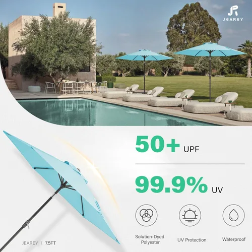 Miniatura 3 de JEAREY Sombrilla de patio de 7.5 pies con 6 varillas resistentes, botón de inclinación/manivela, sombrilla de mesa para jardín, terraza, patio Azul