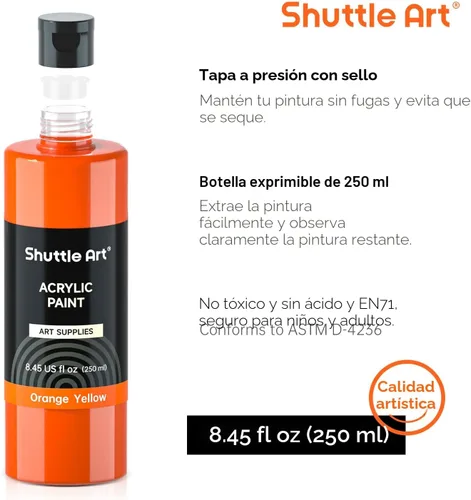 Miniatura 4 de Juego de botellas de pintura acrílica de 18 colores Shuttle Art (250 ml/8.45 oz), suministros de pintura a granel pigmentados ricos para artistas