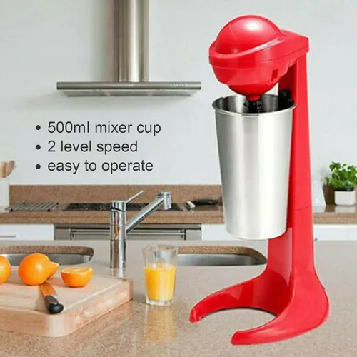 Miniatura 4 de Batidora eléctrica de leche, mini mezclador de bebidas retro, espumador de leche con taza de acero inoxidable de 16.9 fl oz para leche malteada, Rojo