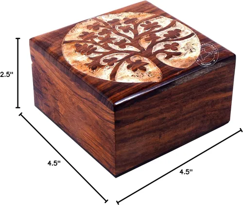 Miniatura 37 de Urna de madera antigua hecha a mano con grabado del árbol de la vida tallada a mano para mujeres y hombres, joyas Acentos de decoración del hogar