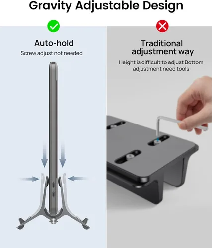 Miniatura 3 de SODI Soporte vertical para laptop para escritorio, soporte para MacBook con bloqueo automático por gravedad, soporte vertical de aluminio para Gris