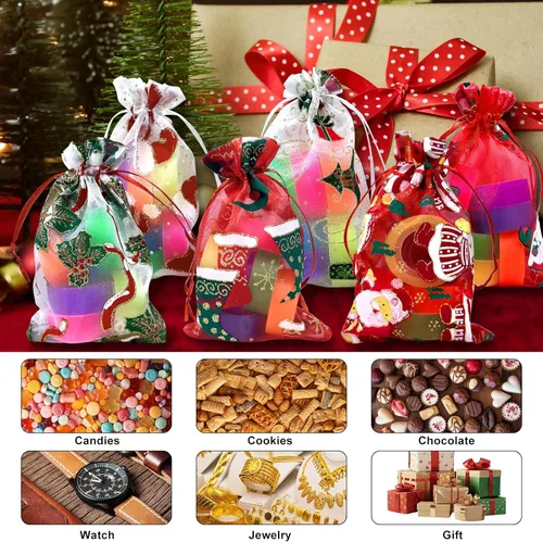 Miniatura 4 de 50 bolsas de organza de Navidad, 4 x 6 pulgadas, pequeñas bolsas de regalo de Navidad con cordón, bolsas de malla para regalo rojo (Red-christmas)
