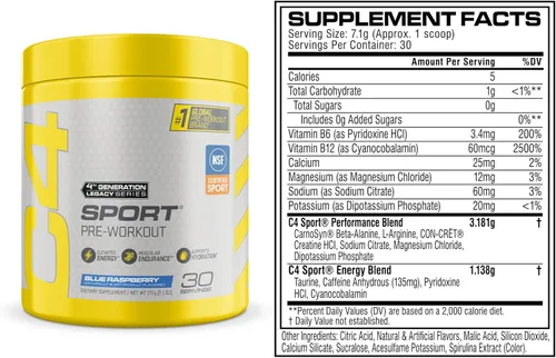 Miniatura 2 de Cellucor C4 Sport - Polvo de preentrenamiento frambuesa azul, energía pre entrenamiento con 0.11 oz de creatina + 135 mg de cafeína y mezcla