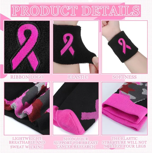Miniatura 3 de Jiuguva Juego de pulseras y calcetines con cinta rosa para concienciación del cáncer de mama, incluye calcetines deportivos de camuflaje rosa