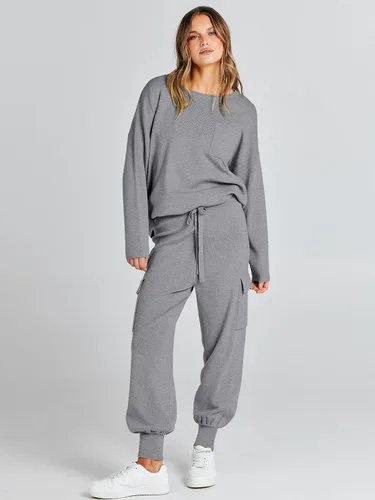 Miniatura 2 de Caracilia Conjunto de dos piezas para mujer, suéter de punto de manga larga y pantalones deportivos tipo cargo