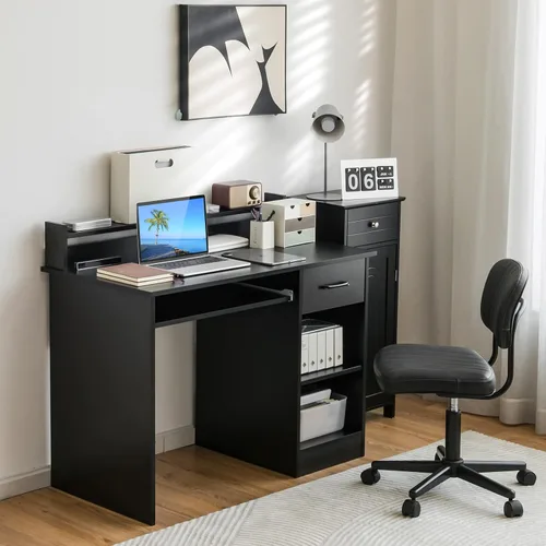 Miniatura 2 de Tangkula Escritorio para computadora con cajón y bandeja para teclado, escritorio de estudio moderno con gabinete de escritorio y estantes