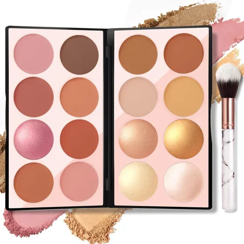 NewBang Paleta de maquillaje de 16 colores con brocha, mineral mate para mejillas, iluminador brillante y bronceador, set profesional de maquillaje