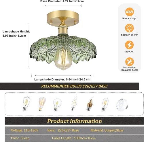 Miniatura 9 de Shenmoyl Luces de pasillo doradas de montaje semiempotrado con vidrio Scindapsus transparente, bombilla incluida, base de 4.72 pulgadas, lámpara