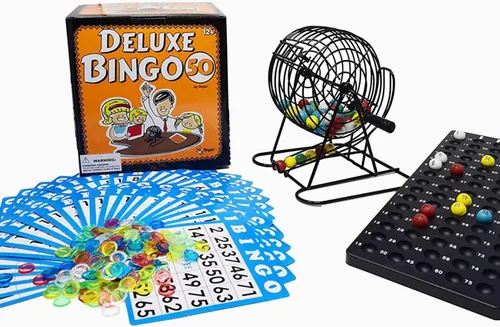 Juego de Bingo Deluxe Regal para Adultos y Niños - Incluye Jaula de Rueda de 8 Pulgadas, 75 Bolas, Tablero Principal, 50 Tarjetas y Fichas Coloridas