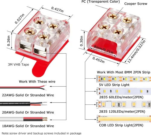 Miniatura 4 de Threetwofour Paquete de 15 conectores de tira de luz LED de un solo color, conector de tira LED sin soldadura, 0.315 in, 2 pines, tira de conector