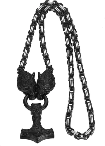 OIDEA Viking Mjolnir Necklace for Men with Wolf Head King Chain, Stainless Steel Viking Amulet Thors Hammer Necklace Norse Pagan Jewelry,22 inch
