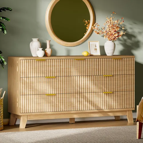 Miniatura 11 de Xixini Cómoda acanalada con 6 cajones, cómoda moderna de 54 pulgadas de ancho con mango de metal, soporte de TV de madera, organizador